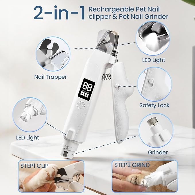 Dog Electric Nail Clippers & Grinder with LED Light,Quiet Cat Nail Trimmer | Large Medium Small Dogs & Cats, Rechargeable, Splash Guard & Safety Lock, Painless Grooming Tool(White)