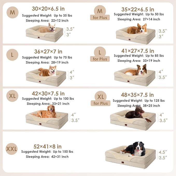 EHEYCIGA Orthopedic Dog Bed for Large Sized Dog, 36x27 Inch Large Memory Foam Dog Couch Bed with Sides, Waterproof Liner & Washable Removable Cover, Bolster Pet Sofa, Beige