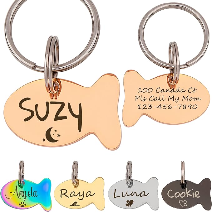 Anavia Cat Head & Fish Shape Pet ID Tags, Personalized Funny Icon Design Cat Name Tag, Customized Gold Plated Glossy Stainless Steel Black Rainbow Cat Dog Collar Tag (Small, Fish Shape, Rose Gold)