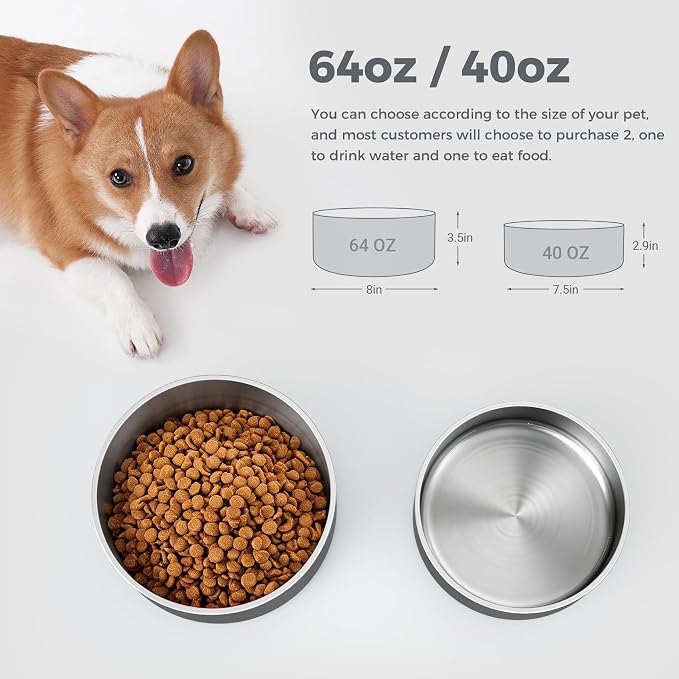 WENBOKMIN Dog Bowl, Stainless Steel Dog Food and Water Bowl with Non Slip Quiet Bottom, Easy to Clean, Dishwasher Safe, 40oz, Deep Grey