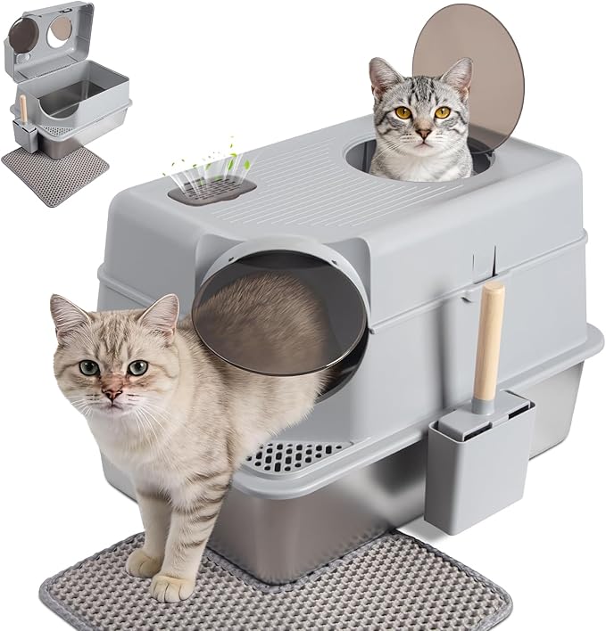 Stainless Steel Litter Box with Lid, XL Large Enclosed Cat Litter Box | Metal Cat Litter Box for Big Cats with High Sided,Anti-Leakage,Front & Top Entry,Includes Mat & Scoop