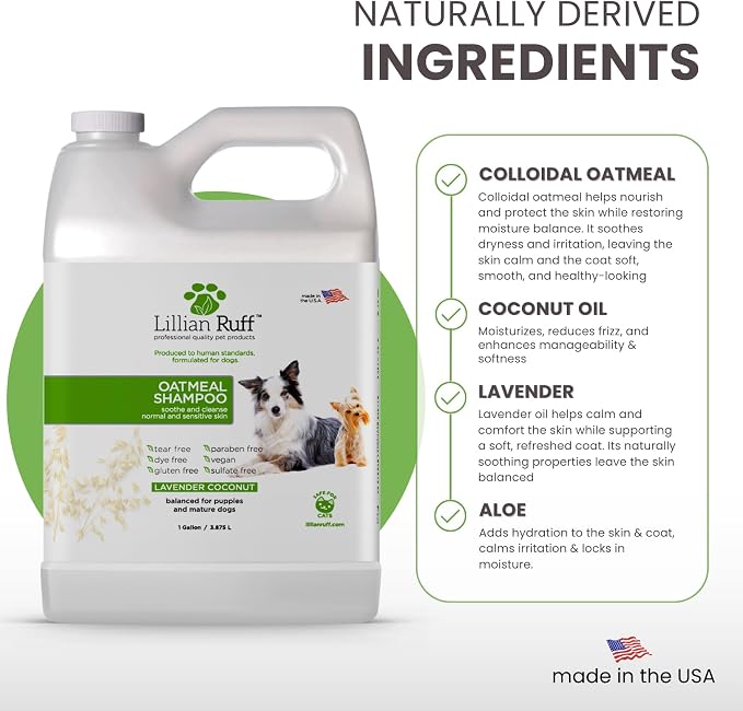 Lillian Ruff PRO Formula Deodorizing Oatmeal Dog Shampoo - Calms Itching & Allergies, Ultra-Nourishing Dry Skin Relief - Oatmeal, Aloe, Coconut Oil, Lavender & Provitamin B5 - Made in USA Gallon+Pump