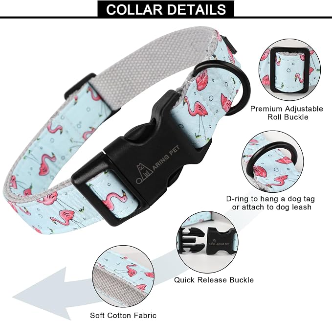 ARING PET Summer Dog Collar, Cute Flamingo Adjustable Lightweight Cotton Pet Collars for Small Medium Large Boy and Girl Dogs, Medium