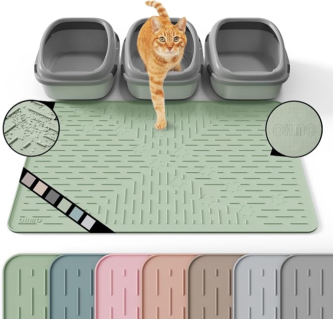 OHMO XL Cat Litter Mat, 37.5x25.2 Silicone Trapping Mat Sage Green | for Kitty Litter Box, Easy Clean, BPA Free Rubber, Center Litter Collection, Easy Pour-Back, Waterproof, Odor-Resistant