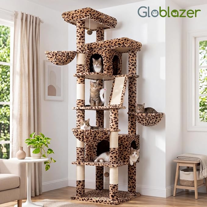 Globlazer 80in Extra Large Leopard Cat Tree Tower, S80G, Leopard Print | Multi-Level Cat Condo For Multiple Indoor Cats Large Adult Kittens, Scratching Posts, Widened Perches, Adjustable Baskets