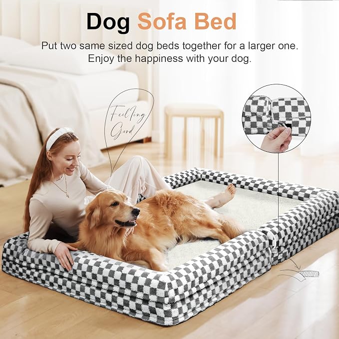NANUYA Orthopedic Dog Bed for Large Dogs, 38 x 25 Inch, Dark Grey Grid | Egg crate foam for joint support, 3-sided bolster pet sofa, waterproof lining, washable cover, and non-skid base