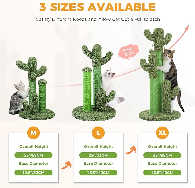 PAWZ Road Cat Scratching Post Cactus Cat Scratcher Featuring with 3 Scratching Poles and Interactive Dangling Ball -Large 27 Inches