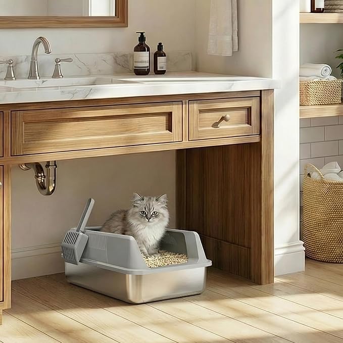 Lifewit Small Stainless Steel Cat Litter Box, Metal Kitty Litter Tray with Non-Slip Pads, Anti-Leakage Top Entry and High Sided, Grey