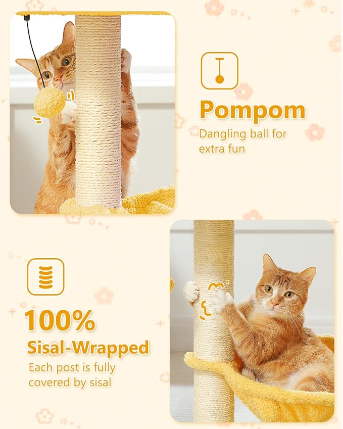 MUTTROS 28" Flower Cat Tree Cute with Flower Top Perch, Large Hammock for Indoor Small Cats, Small Cat Tower with Cute Scratching Post and Fur Toy Ball for Kittens, Yellow