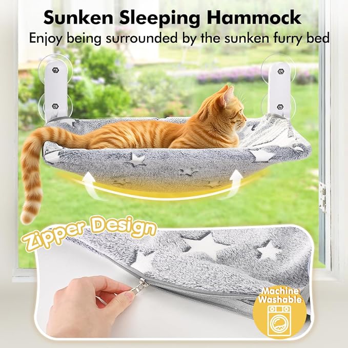 Zoratoo 2PC Glowing Star Cat Window Perch, Foldable Cordless Pet Hammock, M | Glow in the Dark Fabric, Sturdy Metal Frame, Removable for Machine Wash,Comfortable Sunken Design Resting Seat for Indoor Cat