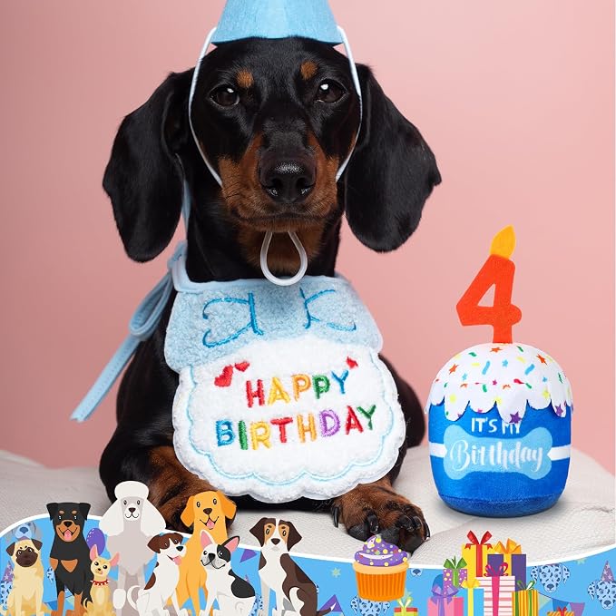 Dansydaisy Dog Birthday Cake Toy Squeaky Plush Toy for Girl Boy Gifts, Chew Accessories for Dog Birthday Party Decor Favor for Large, Medium and Small Dogs(4th,Blue)