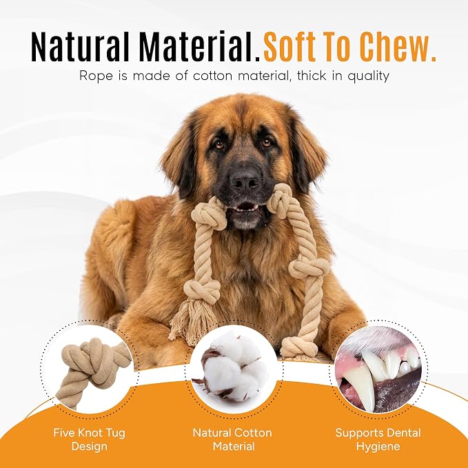Ali+Oli Pets Dog Rope Toy for Large Dogs, Heavy Duty 5-Knot Cotton Tug-of-War Rope for Aggressive Chewers, Durable Interactive Chew Toy