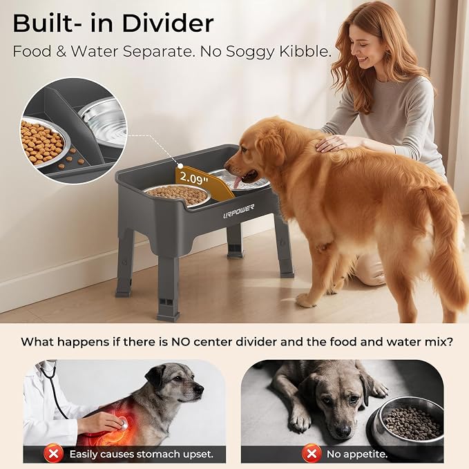 URPOWER Mess Proof Elevated Dog Bowls, High Wall Splash Guard Design, 4 Height Adjustable Raised Bowl Stand, 2 Stainless Steel Bowls, Non-Slip Food Water Set for Small Medium Large Dogs