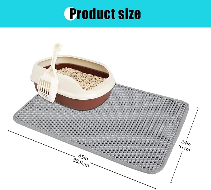Cat Litter Mat 30"x24", Double Layer Waterproof Litterbox Mat, Gray | Non-slip backing, washable for easy cleanup, traps stray litter with waterproof honeycomb large grid that is urine-proof.