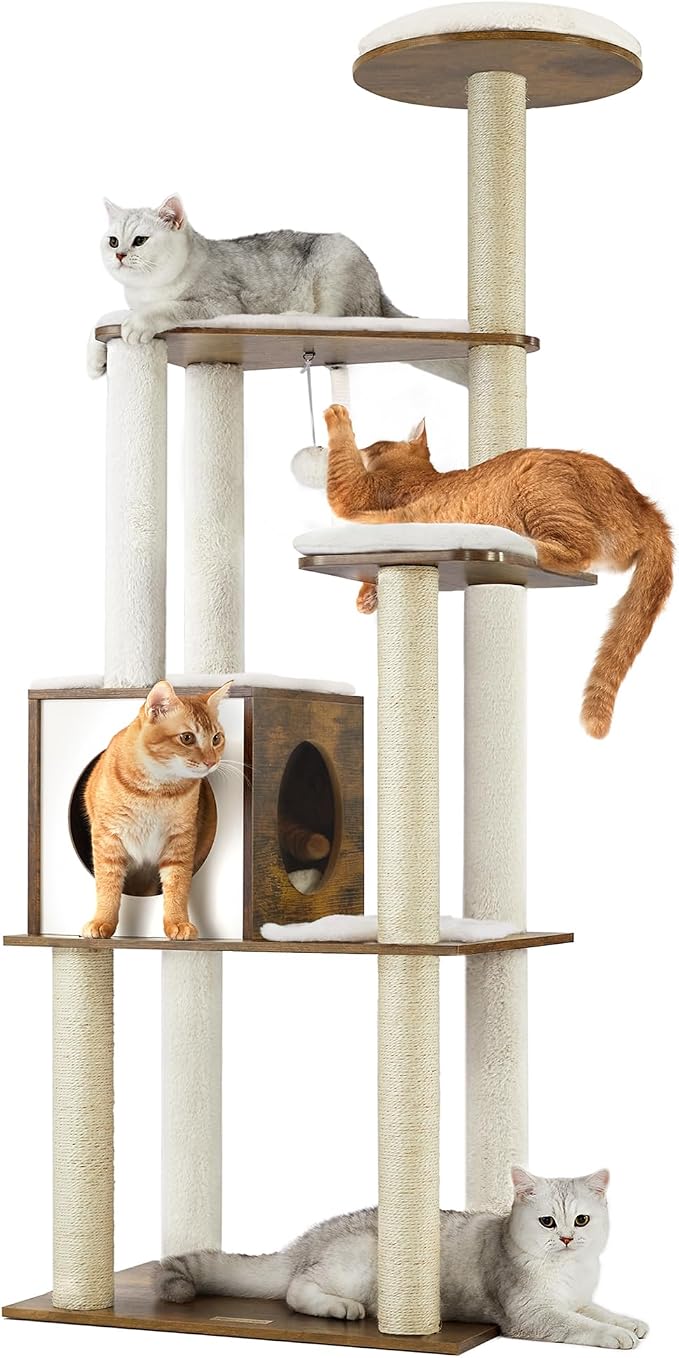 Feandrea Cat Tree, 64.6-Inch Modern Cat Tower, Multi-Level Condo with 5 Scratching Posts, Perch, Washable Removable Cushions, Cave, Rustic Brown UPCT166X01 | Modern Cat Condo for Indoor Cats, Perch, Washable Removable Cushions, Rustic Brown, CAEN Colle...
