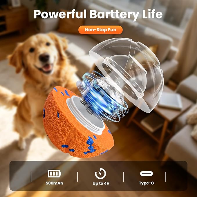 Smart Interactive Dog Toys - Auto Bouncing & Rolling Ball, 3 Interactive Modes, Chew-Resistant E-TPU Material, IPX7 Waterproof, Smart Chase Pet Toy Ball for Medium and Large Dogs - Orange