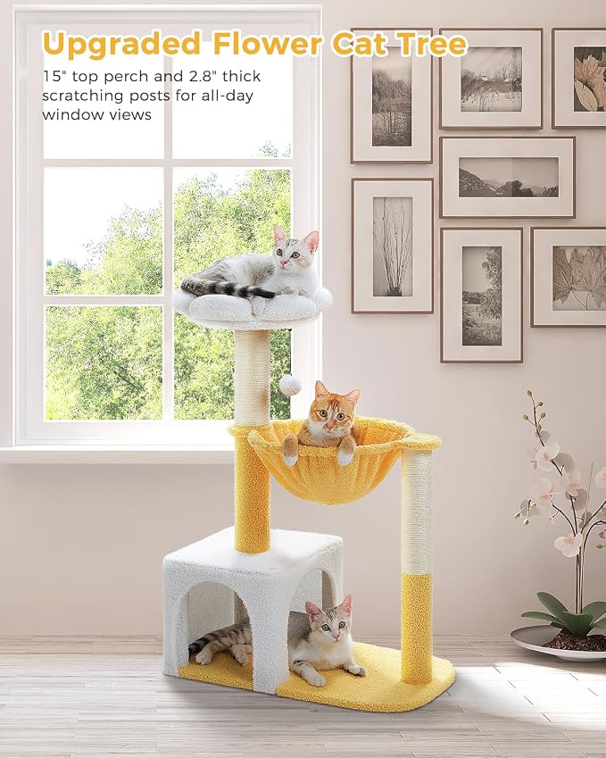 Cute Cat Tree with Flower Top Bed - Cloud Scratching Posts, 35" Small Cat Tower with Large Metal Frame Hammock for Indoor Cats, White Cat Condo for Kittens, Yellow