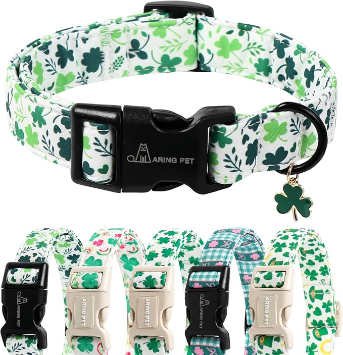 ARING PET St Patrick's Day Dog Collar, Cute Green Lucky Clover Shamrock Puppy Pet Collars for Small Medium Large Boy Girl Dogs-L