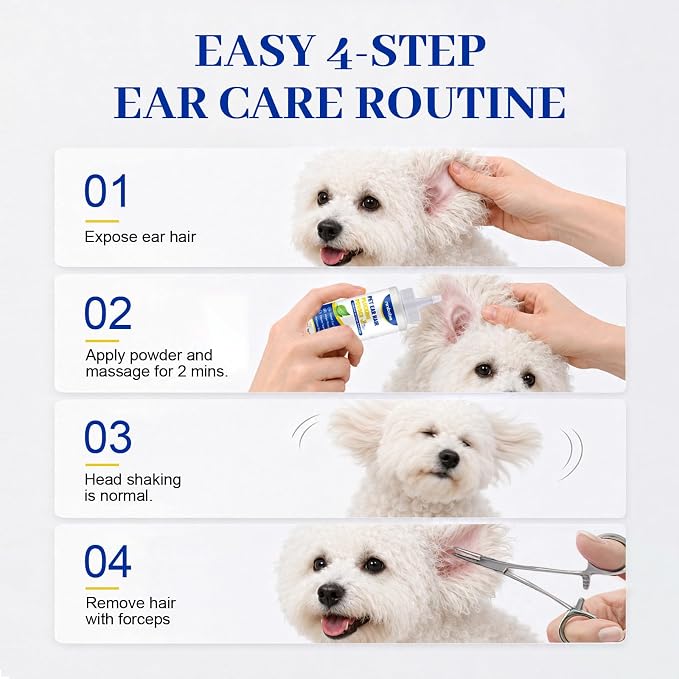 Upgraded Dog Ear Powder with 5.5 Inch Hair Removal Tool | Pet Ear Grooming Cleaner | Ear Wax Remover | Supports Fresh-Feeling Ears | Absorbs Moisture