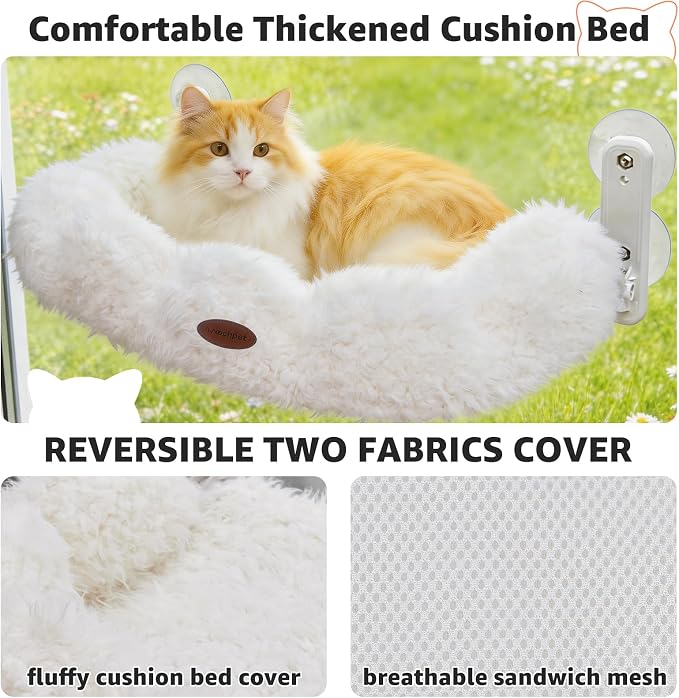 Cordless Cat Window Perch for Kitty,Soft Plush Cushion Fabric Cat Hammock for Window with 4 Strong Suction Cups and Solid Metal Frame,Easy to Assenble,Foldable Window Seat for Cats Inside
