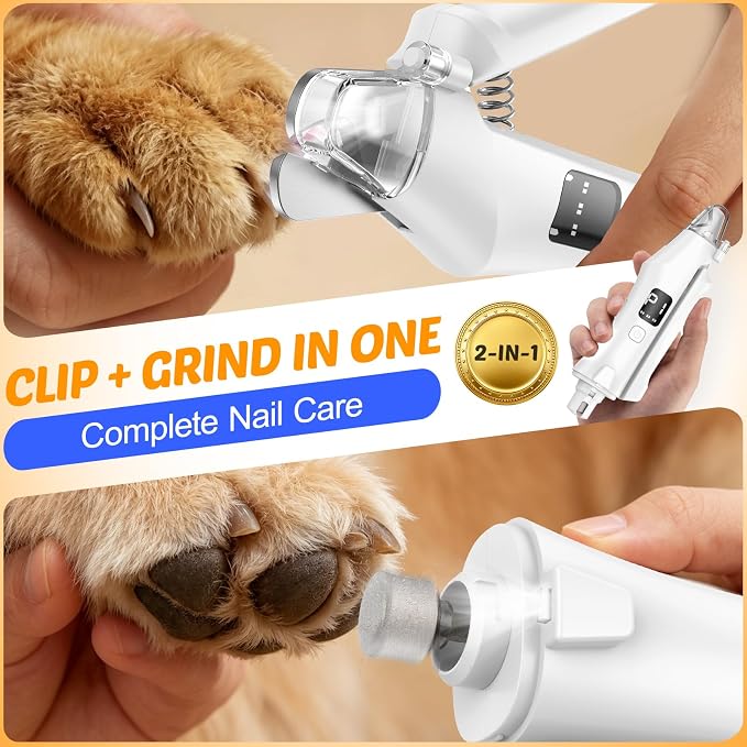 2-in-1 Dog Cat Nail Clippers and Grinder with Light: Electric LED Silent Quiet Pet Nail Claw Trimmers USB Rechargeable Safety Lock Small Large Dog