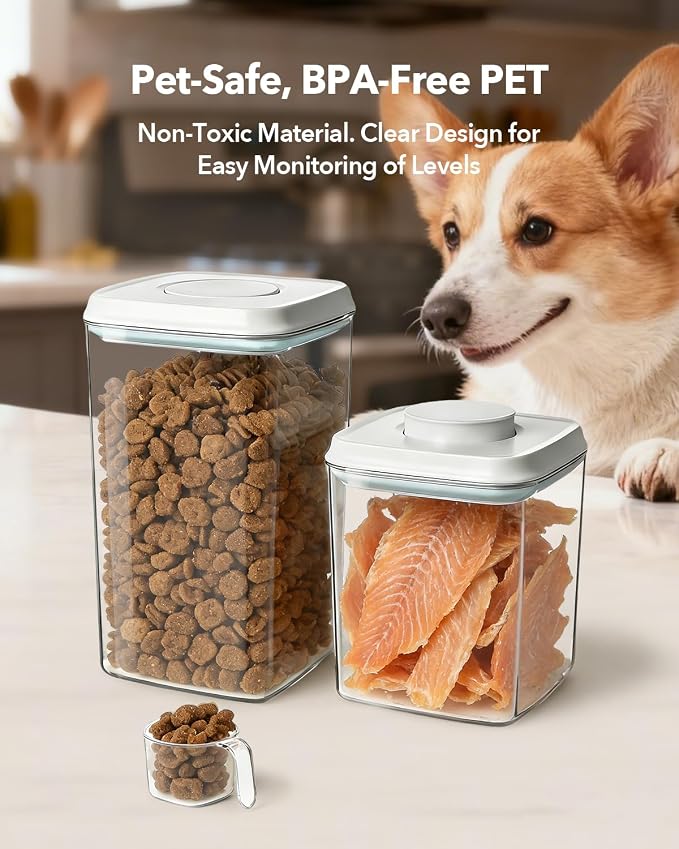 Dog Food Storage System with One-Touch Lid, (4 ×4.22 QT / 4.0 L) Best Value BPA-Free Cat Food Storage Container，Stackable Durable PET with 130ml Scoop, for Complete Kibble & Supply Organization