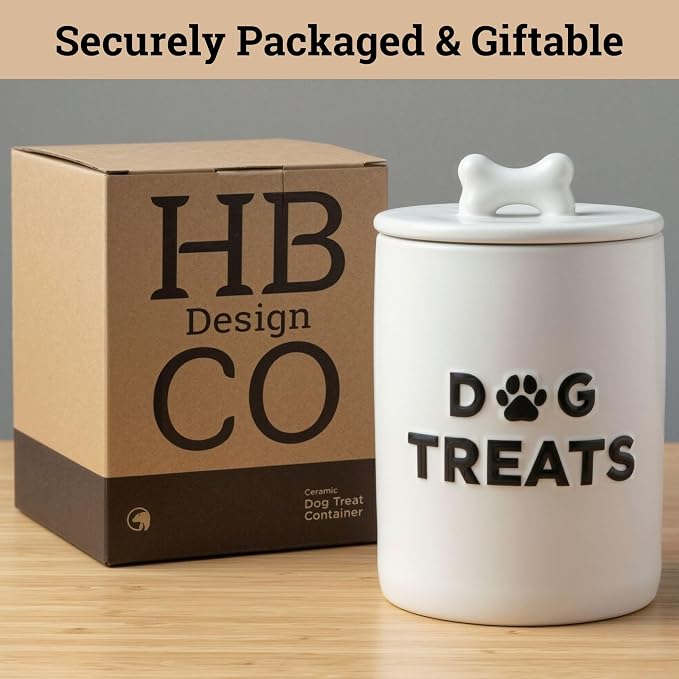 Ceramic Dog Treat Container Airtight - Ceramic Lid - 4 Cups - 4.3"W x 6.6"H | Airtight Ceramic Lid, Ceramic Bone Handle, Food Safe, Easy to Wash, Sturdy, Dishwasher Safe, Raised Design, 4 Cup Capacity