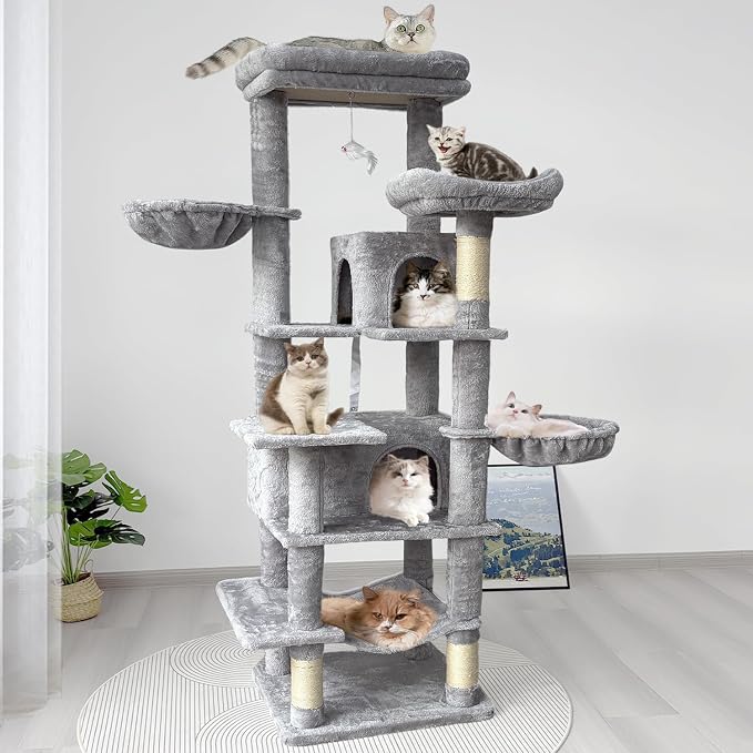 68 Inches Multi-Level Heavy Duty Large and Tall Cat Tree Tower for Indoor Cats/Removable Pad/Cat Condo/Sisal Scratching Posts/Hammock/Cat Activity Center/Wide Base