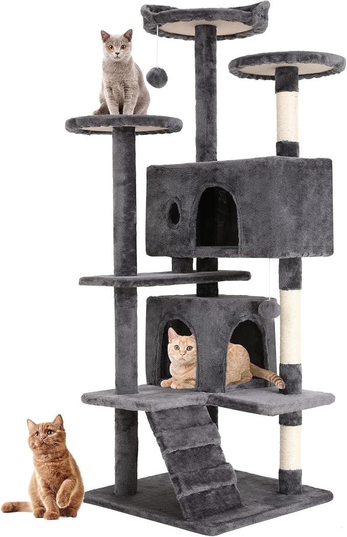 BestPet | 54" Cat Tree Tower | Light Gray | Sturdy Multi-Level Cat Tree | with Plush Condo, Cozy Perch, Sisal Scratching Posts, Hanging Toy and Stable Frame | Easy Assembly | for Kittens & Adult Cats
