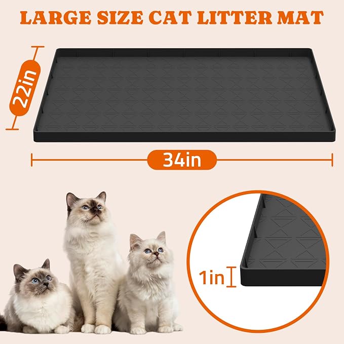 Pawtners Silicone Cat Litter Mat 34 x 22 in, Easy to Clean, Black, 2 Pack | Non-Slip Kitty Litter Mat for Floor, Waterproof & Urine-Proof Cat Litter Mat Litter Trapping Mat, Soft on Kitty Paws