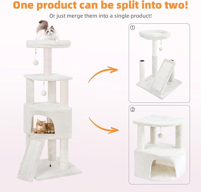 HUITREE 45in Cat Tree Tower with Big Condo for Indoor Kitten,Cat Tower with Scratching Post,Scratching Board and Cat Toys,Multi-Level,Small Space,Transformer Cat Tree, Beige(New)