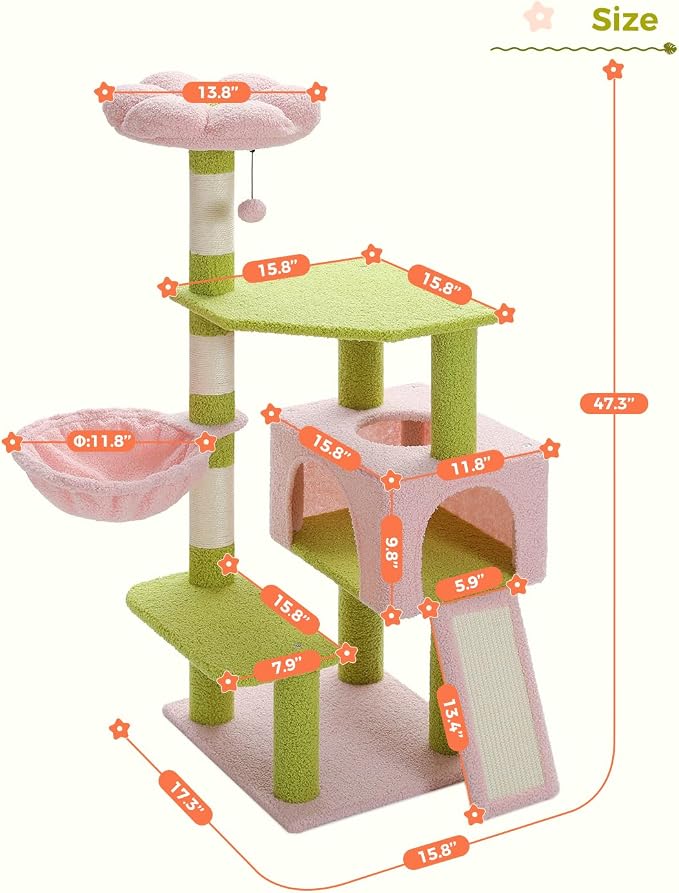 Flower Cat Tree 47.2" Multi-Level Cat Tower with Sisal Covered Scratching Posts, Cute Cat Condo for Indoor Small Medium Cats, Pink Top Perch, Fluffy Ball, Pink | Multi-level layout, Sisal-wrapped posts, Pink flower perch, Fluffy ball toy, Cozy condo, F...