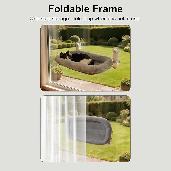 YGP Heavy-Duty Metal Frame Cat Window Perch with Foldable Design | No Drilling Space-Saving Fold-Down 40lbs Tested Hold 4 Strong Suction Cups Ultra-Soft Fleece Hammock for Cats