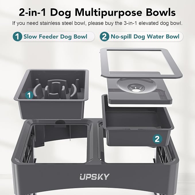 UPSKY 2-in-1 Elevated Dog Bowls Set with 4 Height Adjustable Stand, Gray | No Spill Water Bowl, Slow Food Bowl, No-Splash, Anti-Slip, Dishwasher Safe, Folding Design, Suitable for Small Medium Dogs