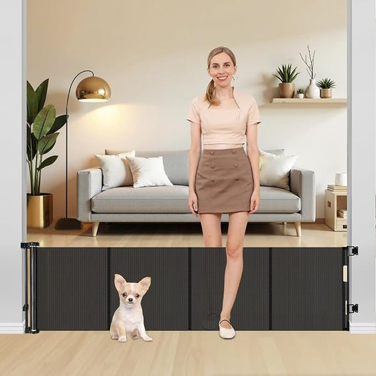 20 Inch Tall x 80 Inch Extra Wide Retractable Dog Gate to Step Over, Short Pet Gate for Doorways, Small Dog Gates Indoor Outdoor Puppy Gates for Stairs Short Mesh Gates for Large Openings (Black)