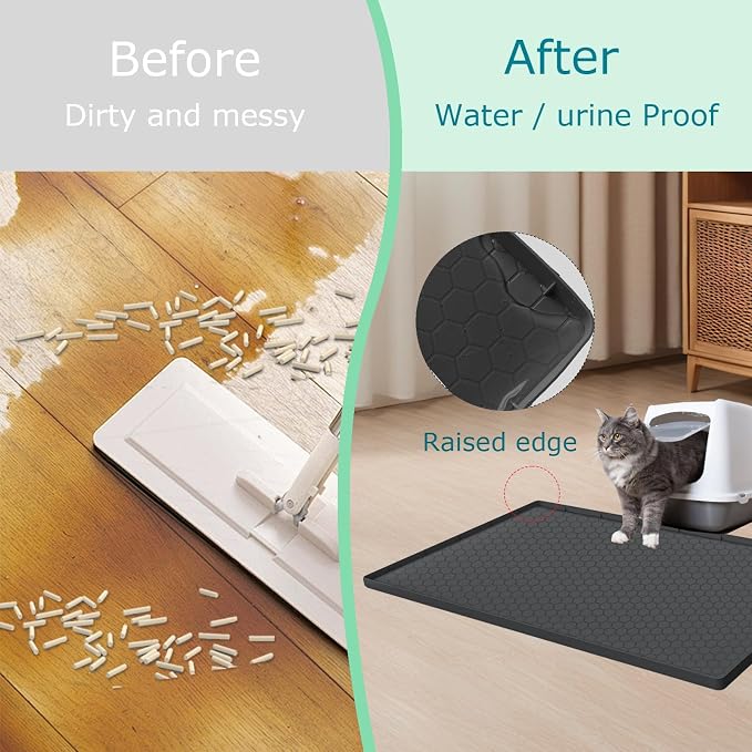 Cat Litter Mat for Litter Box, Silicone Large Cat Litter Trapping Mat - 37x22 in, Waterproof & Non-Slip, Durable & Easy Clean, Black
