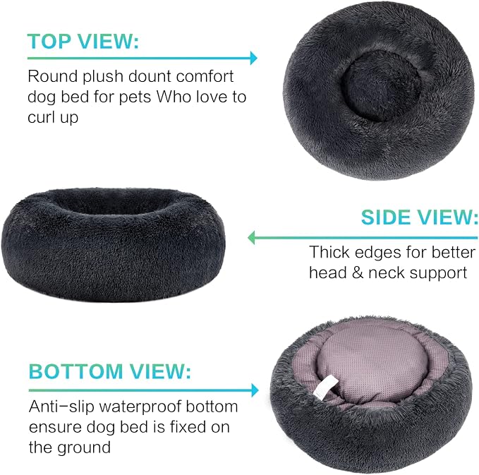SAVFOX 36 inches Calming Donut Dog Bed - 3X Durable Plush Faux Fur, Machine Washable & Non-Slip, Fits up to 100 lbs, Dark Grey