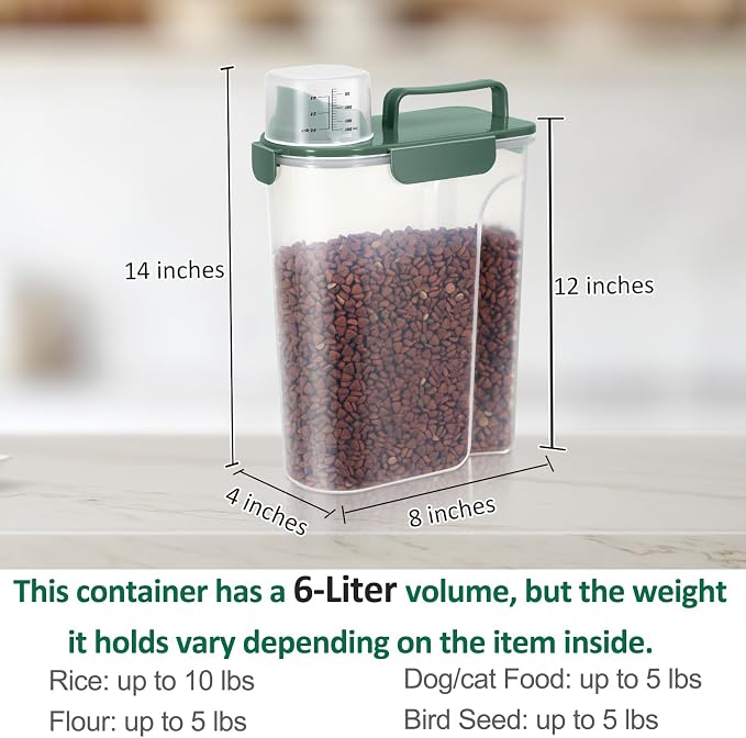 5 Lbs Pet Dog Food Storage Container for Bird Seed Rice Flour - Dark Green | Cat Food Containers with Collapsible Bowl for Travel Airtight 10 Lbs Rice Cereal Oatmeal Holder with Pour Spout Measuring Cup