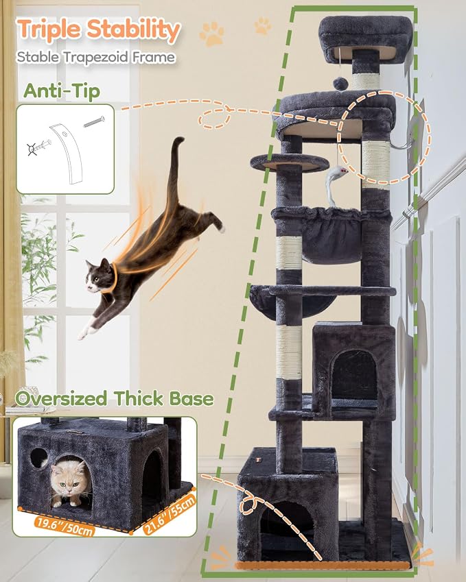 Taoqimiao 76.8in Cat Tree, Heavy Duty Tall Cat Tower for Large Cats F40G | Easy Climbing, Extra Large Sturdy Base, Multi-level Tower, 7 Scratching Posts, Large Hammock, 2 Houses, 2 Perches