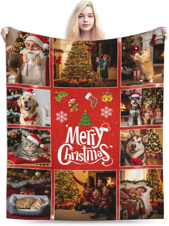 Nxwdwqa Personalized Christmas Dog Blanket Throws with Photos, Custom Christmas Pet Blanket, Dog Gifts for Pet Lovers, Customized Puppy Blanket for Adult Kid Birthday Fathers Mothers Valentines Gift