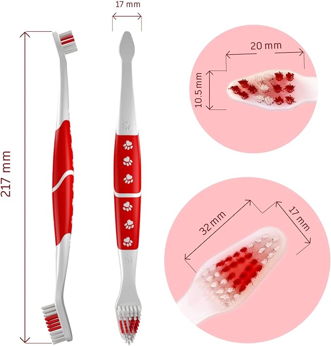 Pet Toothbrush for Dogs, Cats with Soft Bristles - Easy Teeth Cleaning & Dental Care, Non Slip Dual Head Dog Toothbrush for Medium & Large Pets, Toothpaste Not Included, Pack of 2 Red