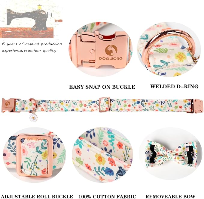 DOGWONG Flower Dog Collar with Bowtie - Cute Girl Bowtie Dog Collars, Adjustable Female Flower Pet Collars Design Dog Collar with Quick Release Buckle for Puppy Girl Female Dogs