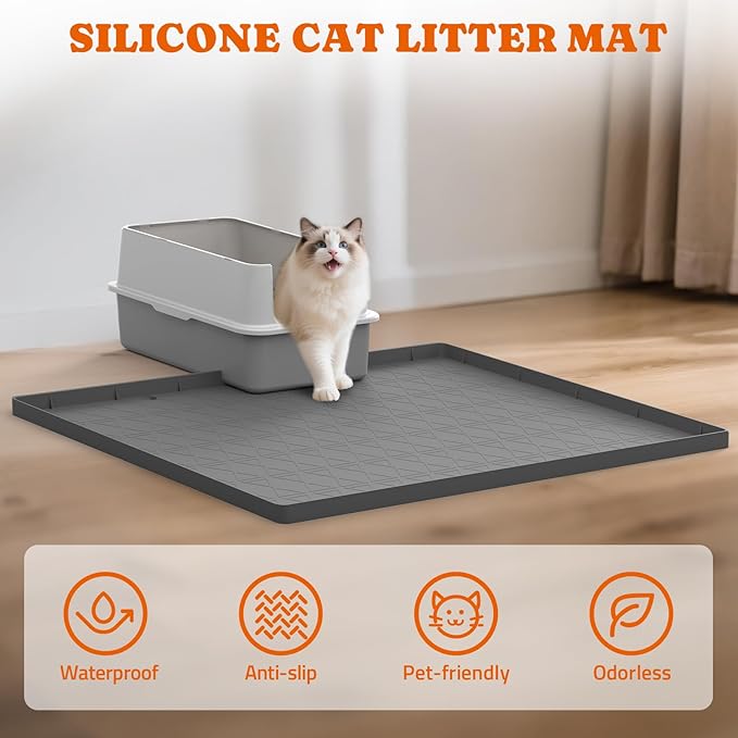 Pawtners Silicone Cat Litter Mat 34 x 22 in, Easy to Clean, 2 Pack | Waterproof & Urine-Proof Cat Litter Mat Litter Trapping Mat, Soft on Kitty Paws,Non-Slip Kitty Litter Mat for Floor
