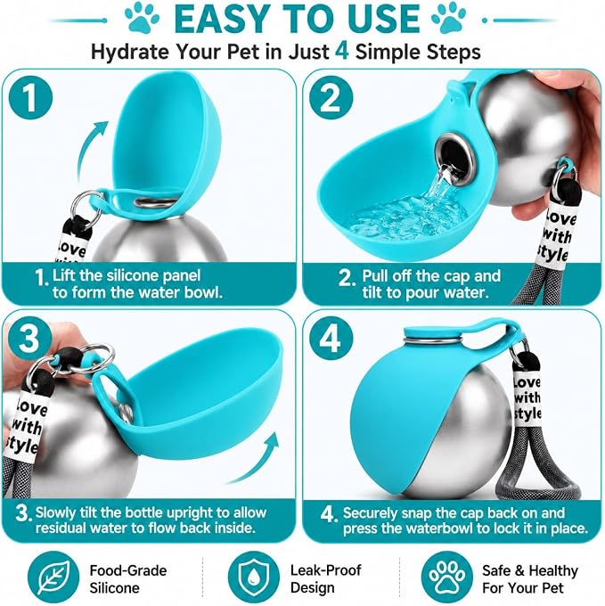Portable Dog Water Bottle 10oz Stainless Steel Travel Dog Water Dispenser with Bowl No-Spill Puppy Water Bottle for Walking Hiking Small Dog Water Bottles Leak-Proof Collapsible Silicone Bowl