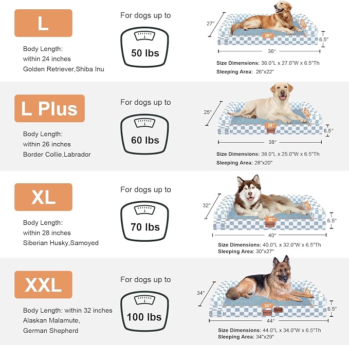 NANUYA Orthopedic Dog Bed for Large Dogs, 38 x 25 Inch, Blue Grid | Egg crate foam for joint support, 3-sided bolster pet sofa, waterproof lining, washable cover, and non-skid base