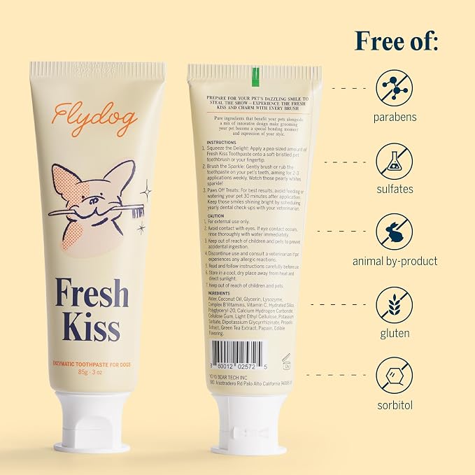 FlyDog Fresh Kiss Dog Tooth Brushing Kit - Vet Approved Formula, Enzymatic Dog Toothpaste and Brush - Breath Freshener & Tartar Remover, 360° Toothbrush & Finger Brush, Dental Guide, Chicken Flavor