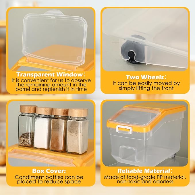 Sunnyray 4 Pcs Rice Storage Container 28 lb Airtight Flour Container with Wheels Measuring Cup Clear Pet Dog Birds Cat Food Bin Grain Cereal Organizer Box for Dry Baking Supplies(Yellow Lid)