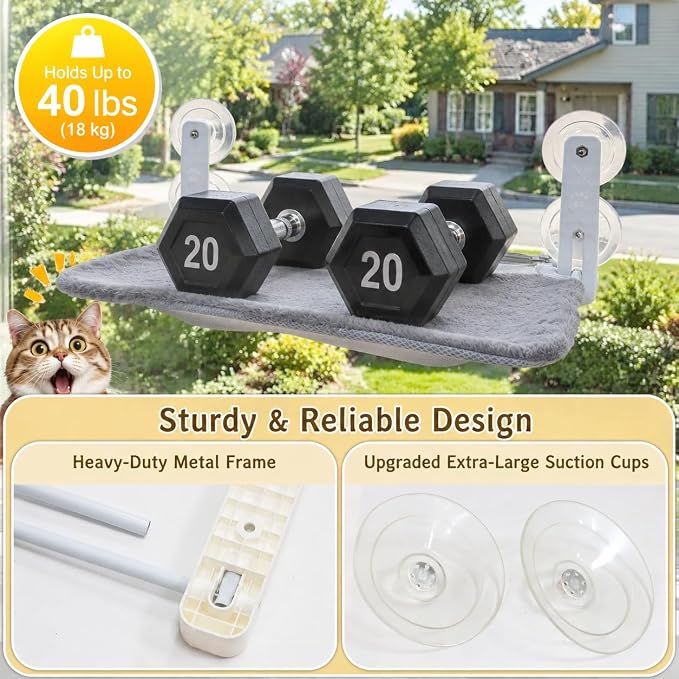 Cat Window Perch Hammock with 2 Washable Plush Covers, Cozy Window Bed for Cats with Catnip Toys, Window Mounted Cat Bed for Indoor Cats to Sunbathe and Relax