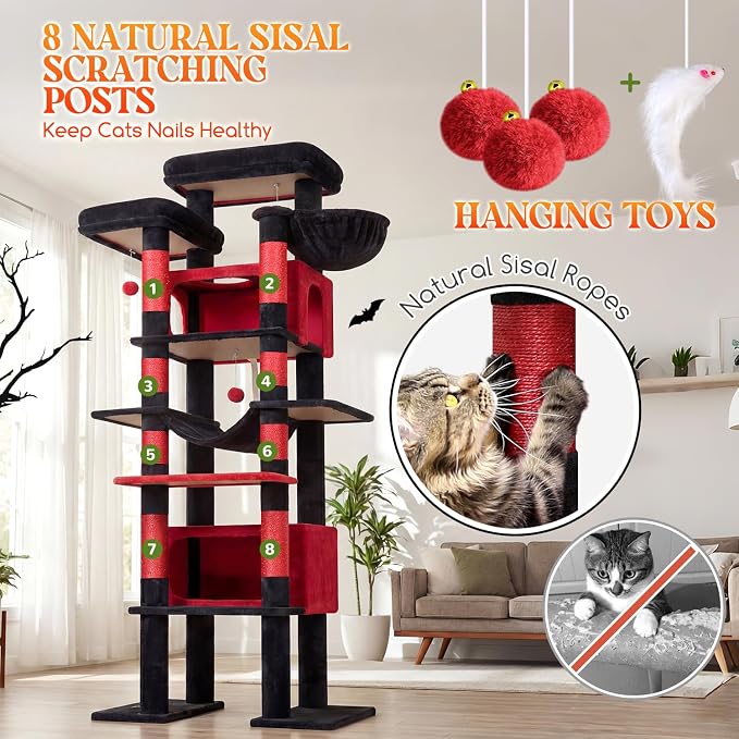Globlazer Gothic Giant Tall Heavy Duty Cat Tower for Indoor Large Cat, F83B | XXL Multi-Level Large Cat Condo with 8 Scratching Posts, Hammock, 2 Cat Caves, 2 Platform, Black Red