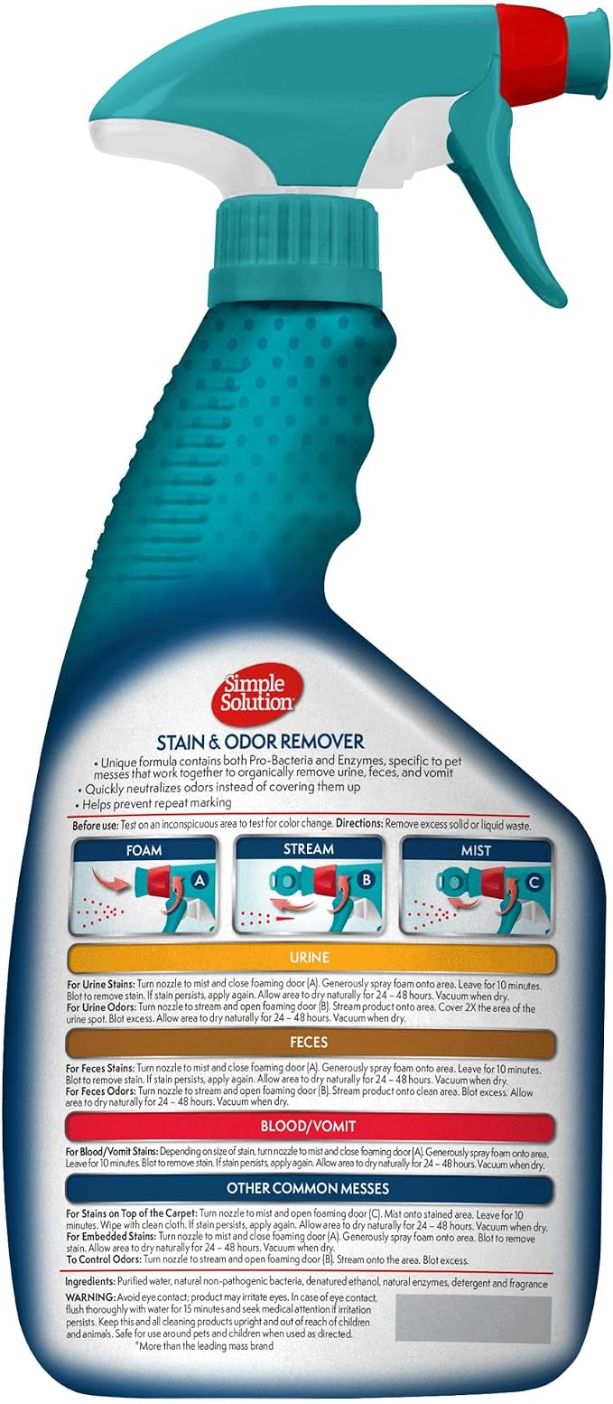 Simple Solution Pet Stain & Odor Remover, Enzyme Stain Cleaner, 32oz | Dog Stain & Odor Remover, Pet Urine Enzyme Cleaner, Dog Urine Carpet Cleaner, Pet Odor Eliminator, Carpet Stain Remover